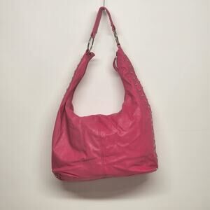 Pink Leather Hobo Bag Studded Hand Shoulder Purse Silver Studs Slouchy 12" Vtg